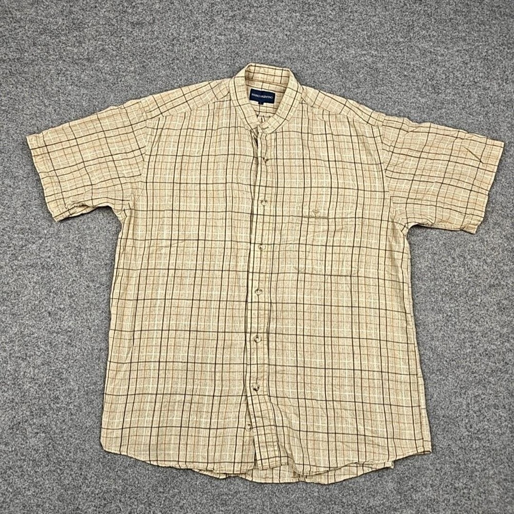 Mario Valentino Shirt Mens Large‎ Beige Plaid Tencel Linen Short Sleeve Casual